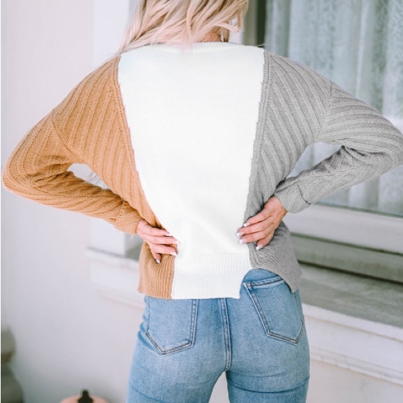 Cozy Sweater, Color Block, Cable Knit Texture, White/Tan/Gray, M L XL 2X - Picture 12 of 16